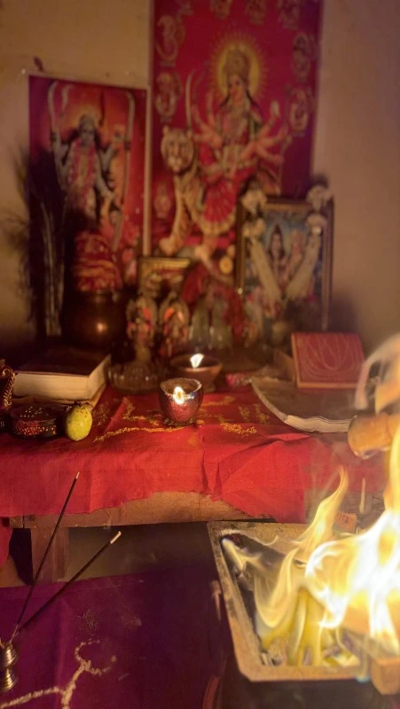 Sacred pooja items arranged for Hindu worship ceremony